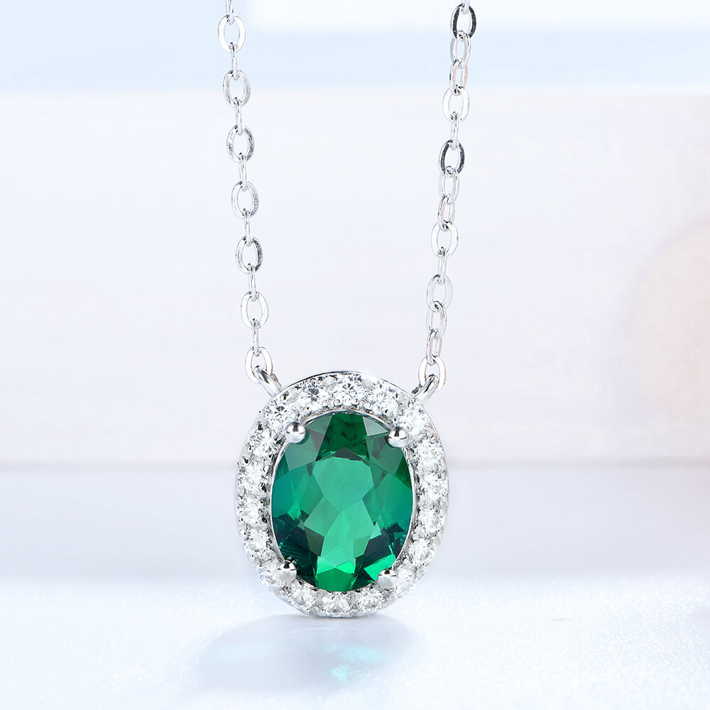 Halo Oval Lab-Created Emerald Sterling Silver Necklace - ReadYourHeart