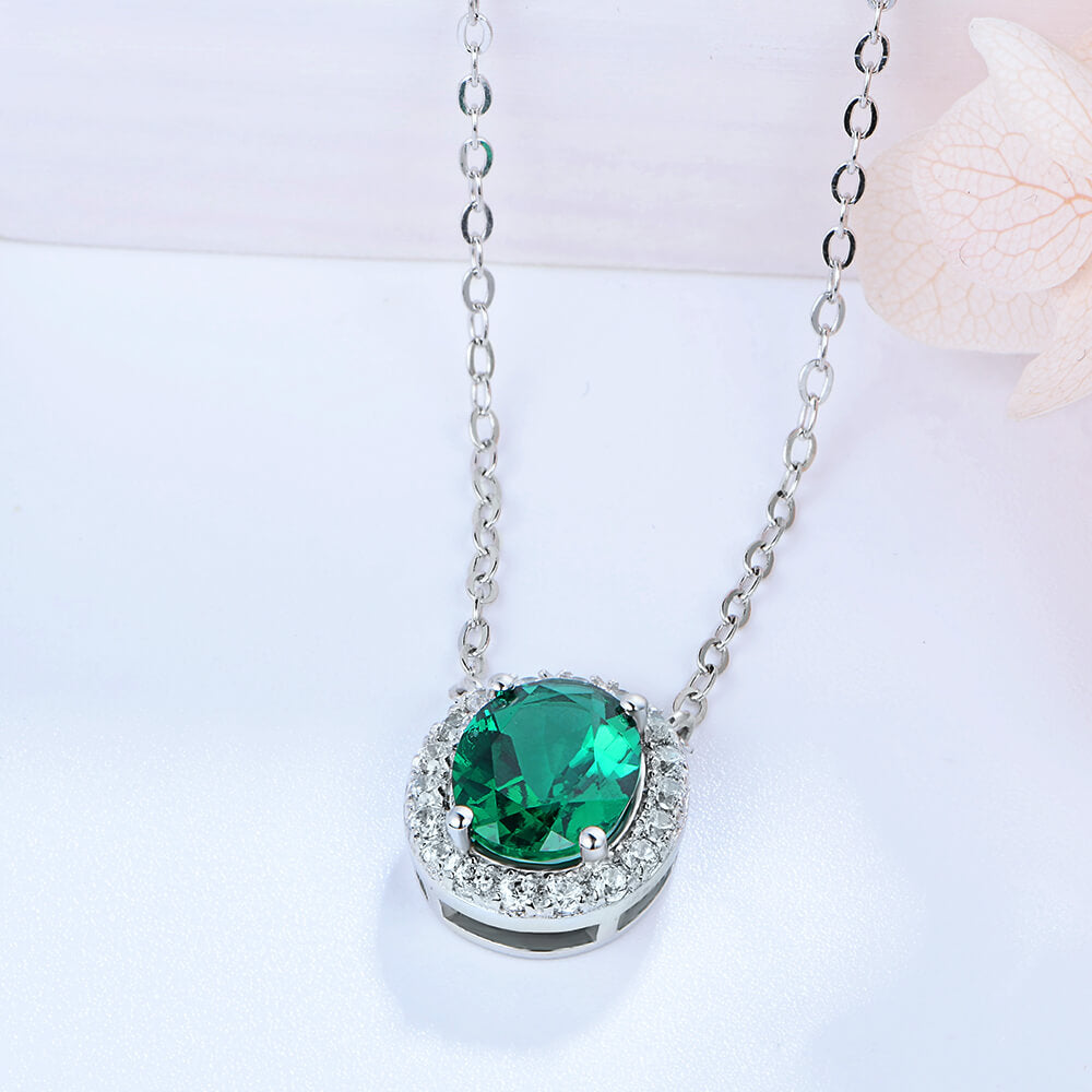 Halo Oval Lab-Created Emerald Sterling Silver Necklace - ReadYourHeart