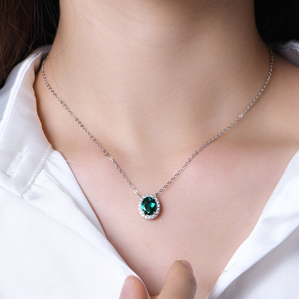 Halo Oval Lab-Created Emerald Sterling Silver Necklace - ReadYourHeart