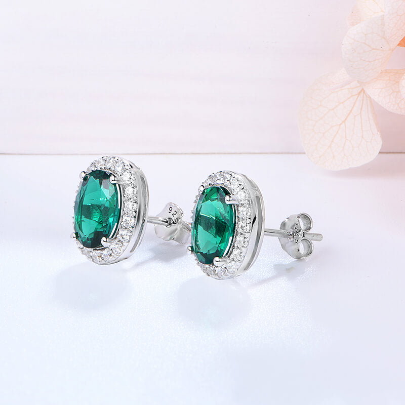 Halo Oval Lab-Created Emerald Sterling Silver Stud Earrings - ReadYourHeart