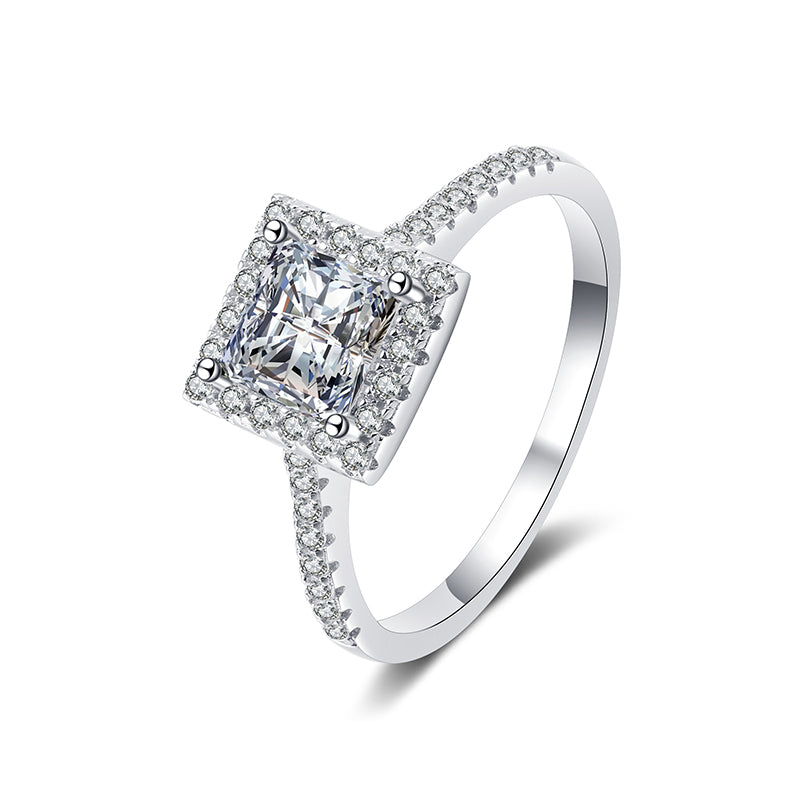 Halo Princess Moissanite Pave Sterling Silver Engagement Ring - ReadYourHeart