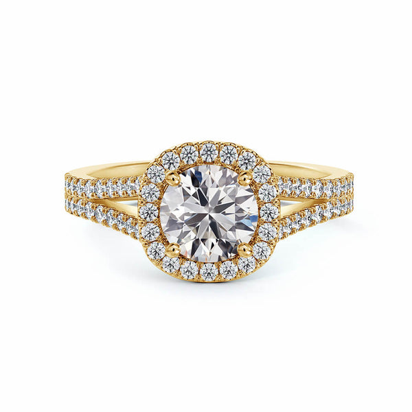 Halo Round Moissanite Split Shank Pavé Engagement Ring in 18K Gold - ReadYourHeart