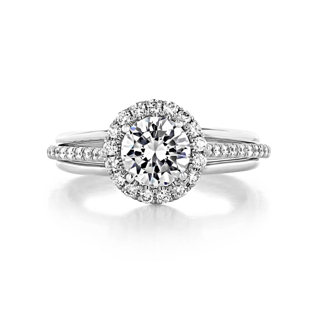 Halo Round Moissanite Triple Shank Pave Engagement Ring - ReadYourHeart