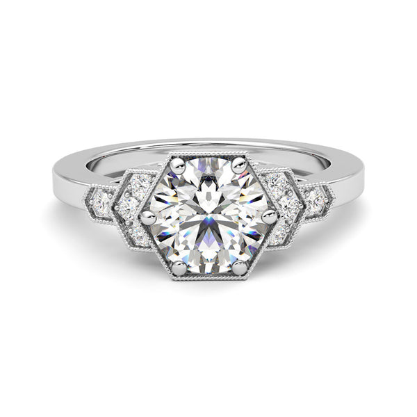 Milgrain Hexagonal Moissanite Bead Set Accents Engagement Ring - ReadYourHeart