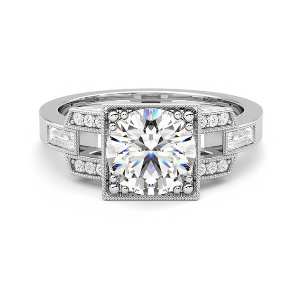 Milgrain Square Moissanite With Baguette Engagement Ring - ReadYourHeart