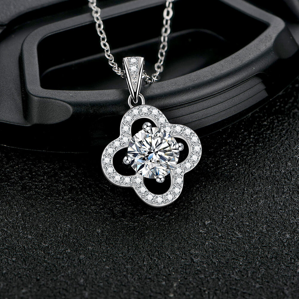 Moissanite Four Leaf Clover Pave Charm Necklace in Sterling Silver - ReadYourHeart