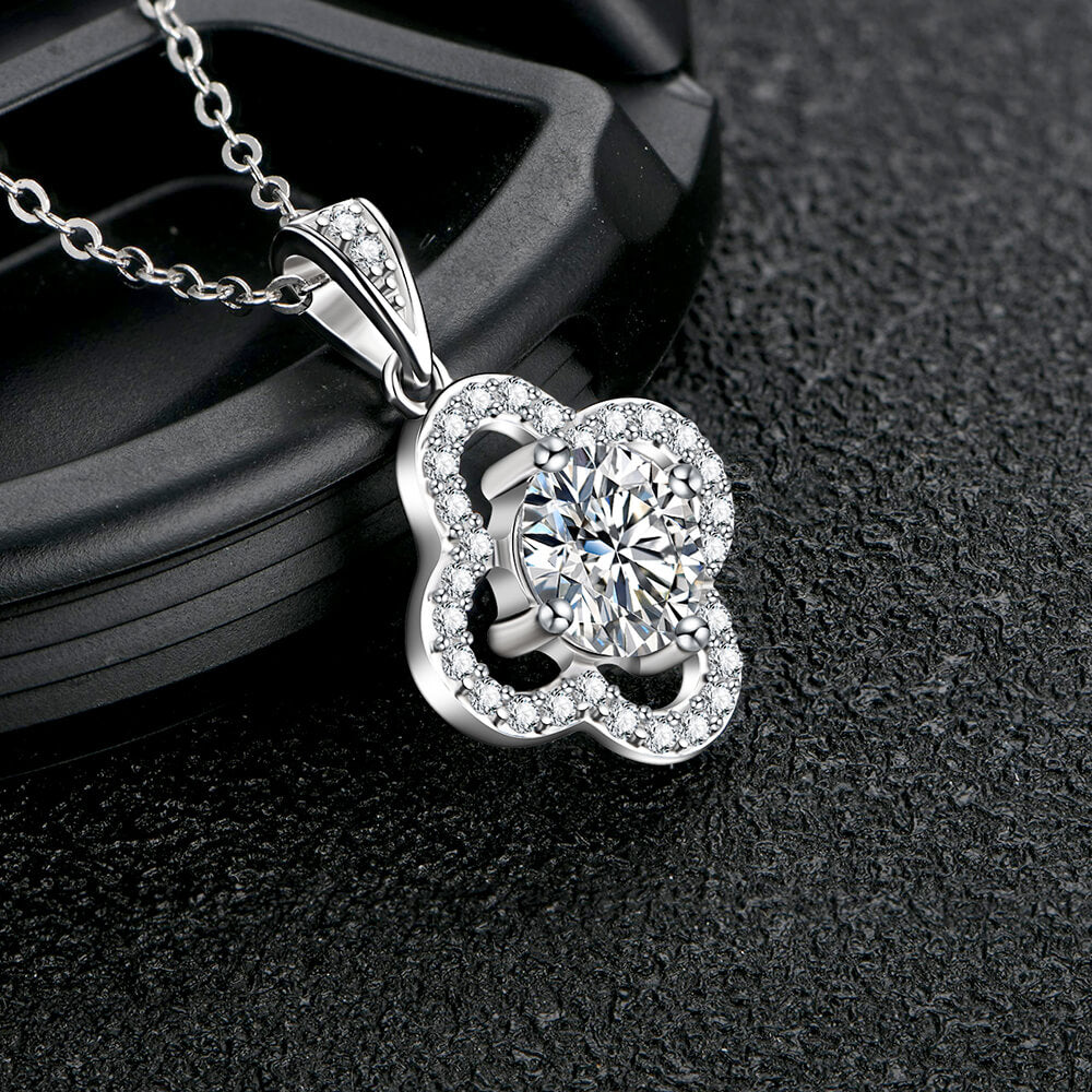 Moissanite Four Leaf Clover Pave Charm Necklace in Sterling Silver - ReadYourHeart