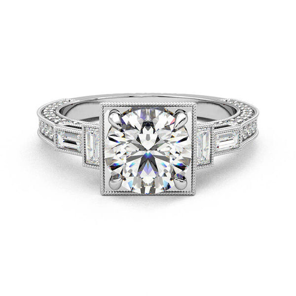 Moissanite With Baguette Accents Milgrain Pave Engagement Ring - ReadYourHeart