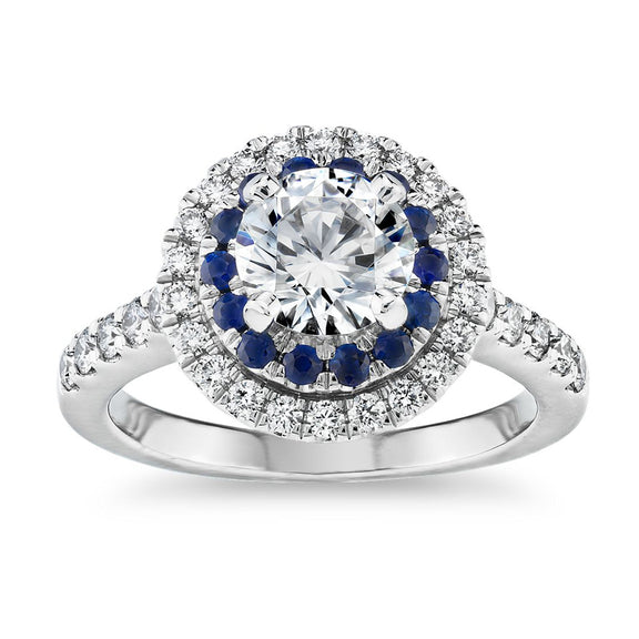 Moissanite and Sapphire Double Halo Pavé Engagement Ring - ReadYourHeart