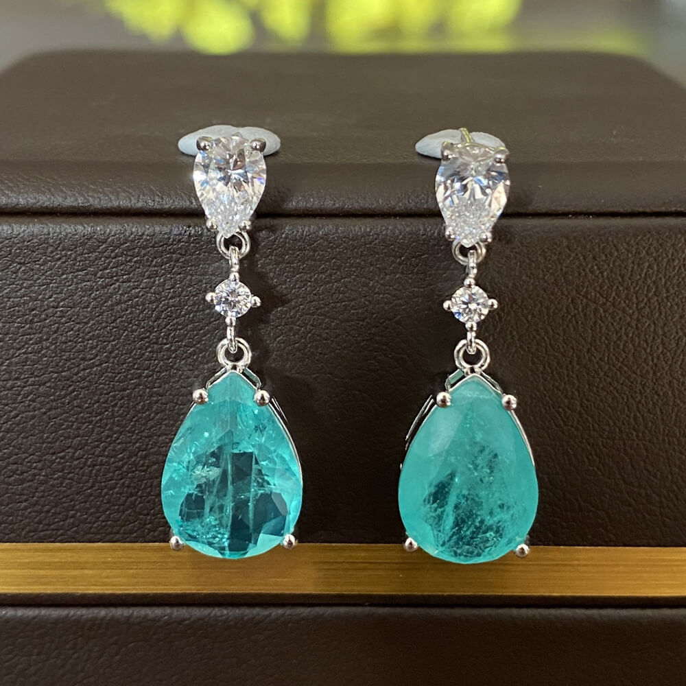 Paraiba Tourmaline Silver Drop Earrings, Oval And Pear Paraiba on sale Tourmaline 925 Sterling Silver Earrings