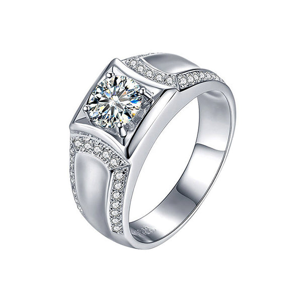 Round Moissanite Side Stone Engagement Ring in 18K White Gold For Men - ReadYourHeart