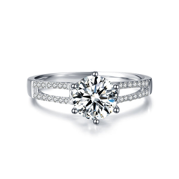 Round Moissanite Split Shank Trellis Engagement Ring in 18K White Gold - ReadYourHeart