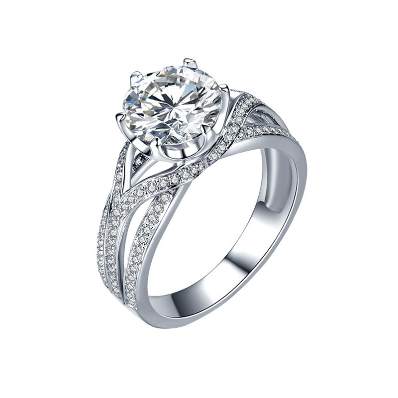 Round Moissanite Triple Row Pave Shank Engagement Ring in 18K White Gold - ReadYourHeart