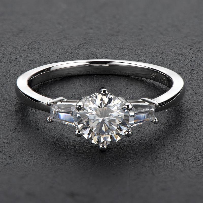 Three Stone Round Moissanite Six Prong Sterling Silver Engagement Ring ...