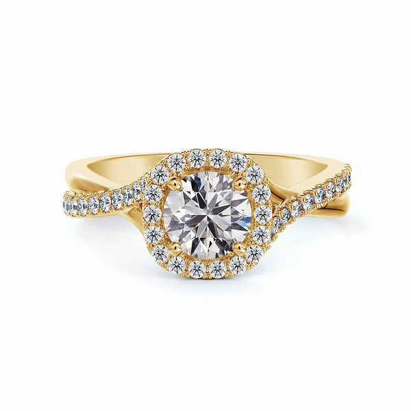 Twisted Halo Round Moissanite Pavé Engagement Ring in 18K Gold - ReadYourHeart