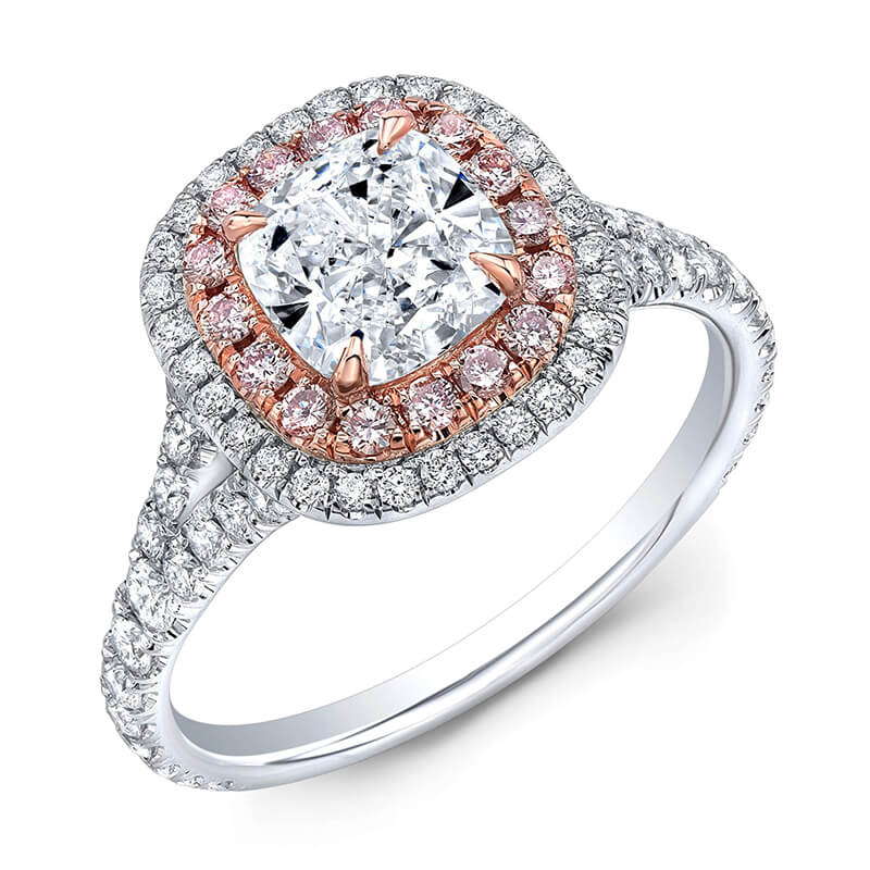 Two Tone Double Halo Cushion Moissanite Split Shank Pavé Engagement ...